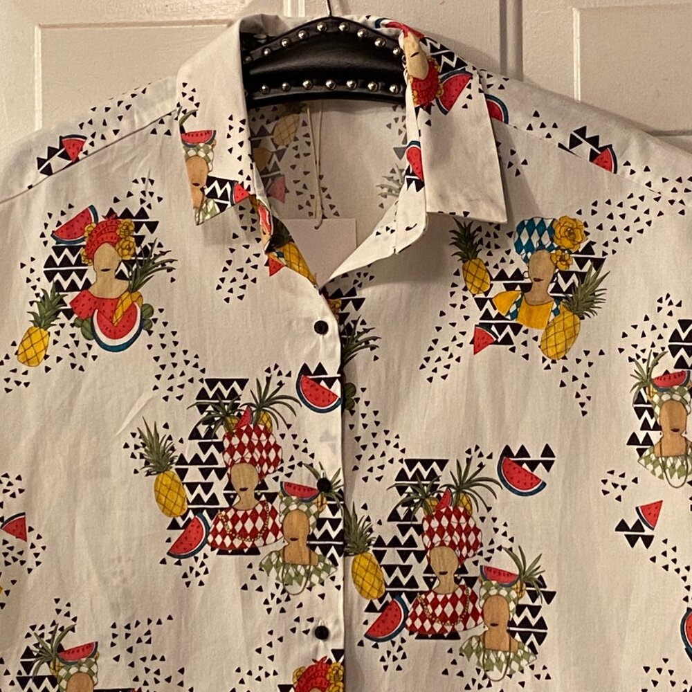 NWT ZARA Trafaluc Collection Sz L Blouse Button Up Cap Sleeve White/Multi Fruits - Picture 2 of 11